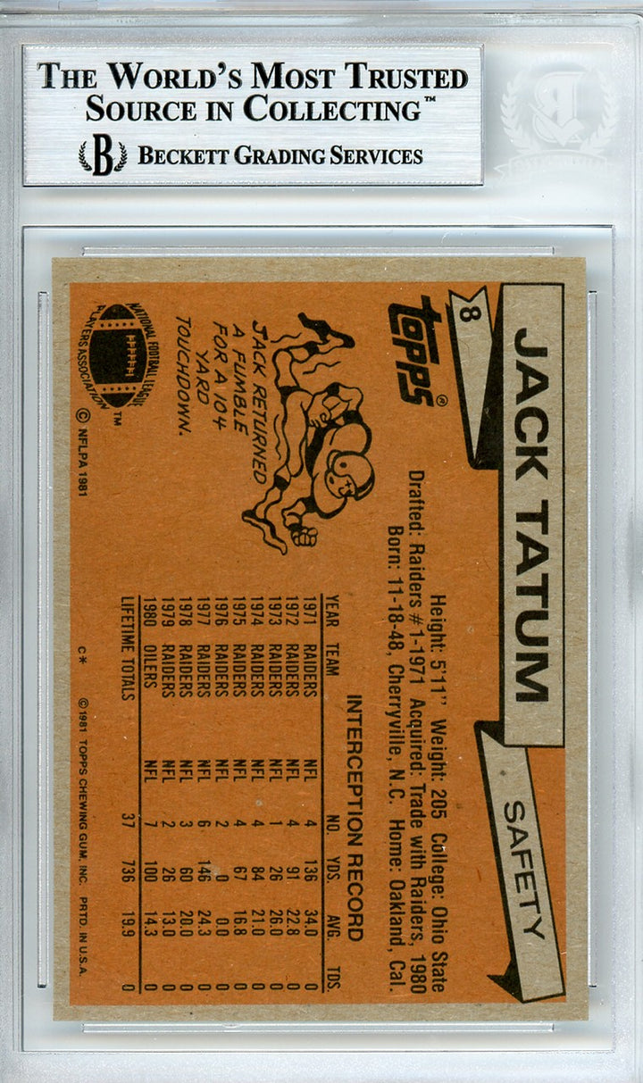 Jack Tatum Autographed Signed 1981 Topps Card #8 Houston Oilers Beckett BAS