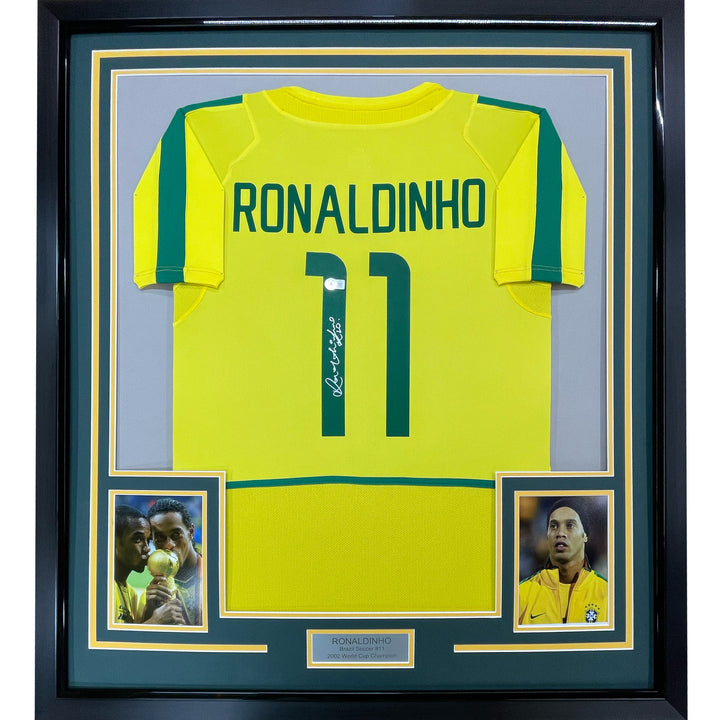 Framed Autographed/Signed Ronaldinho 33x42 Brazil Yellow Jersey Beckett BAS COA