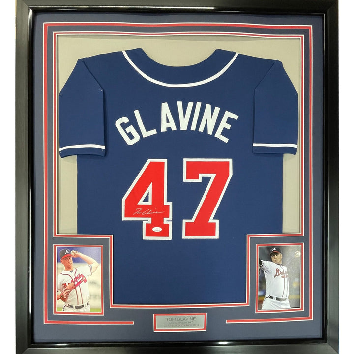 Framed Autographed/Signed Tom Glavine 35x39 Atlanta Blue Jersey JSA COA