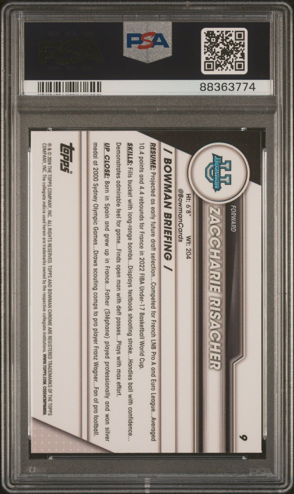 Graded 2023 Bowman U Chrome Zaccharie Risacher #9 RC Basketball Card PSA 10