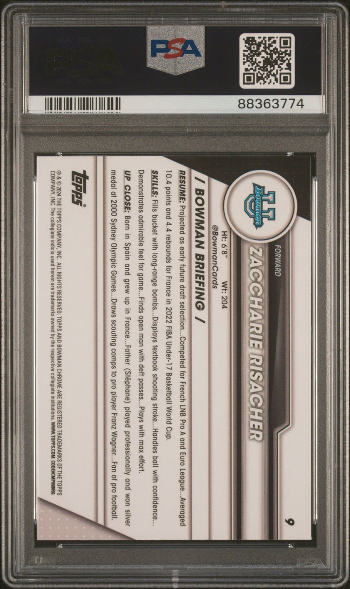 Graded 2023 Bowman U Chrome Zaccharie Risacher #9 RC Basketball Card PSA 10