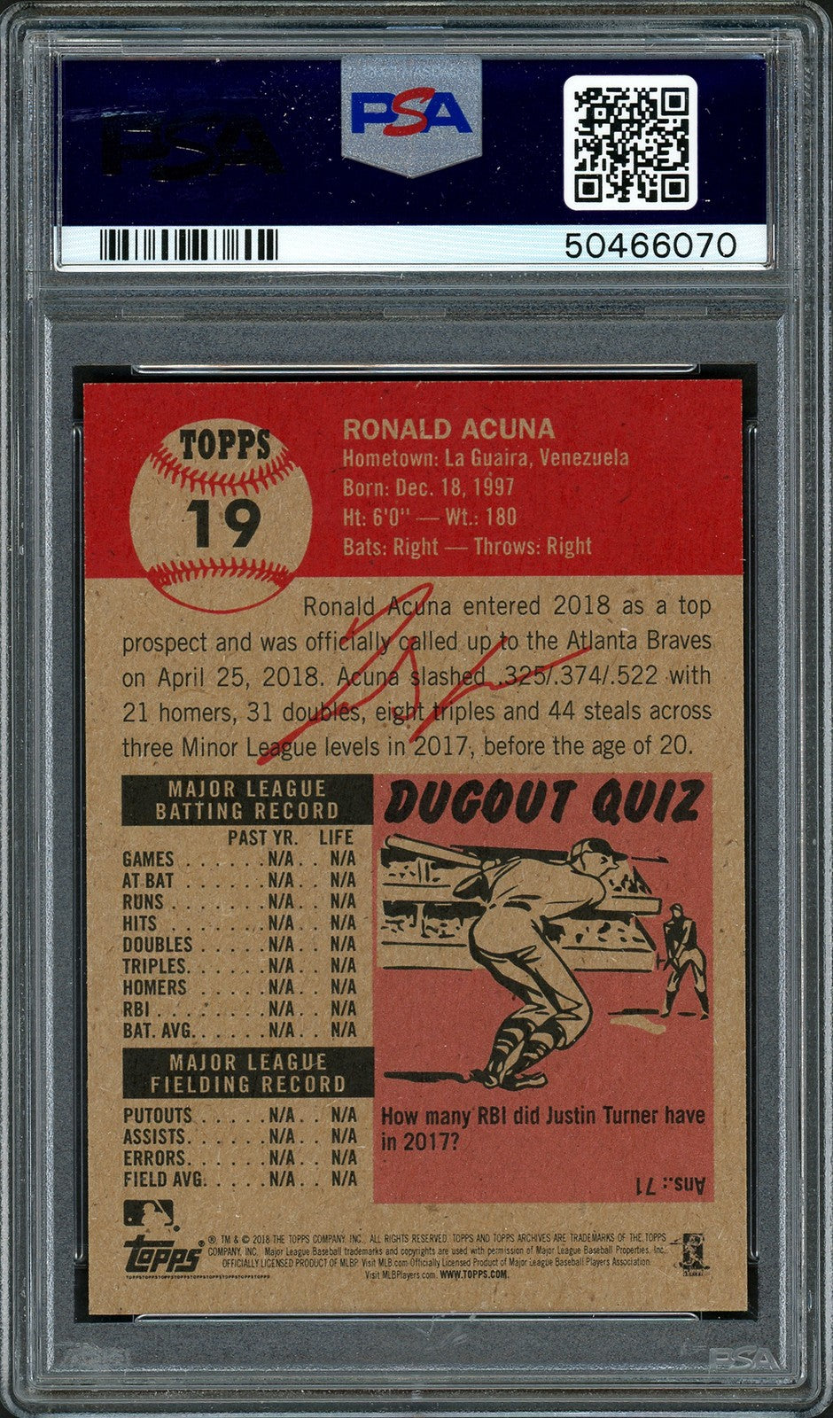 Ronald Acuna Jr. Signed 2018 Topps Living RC 19 Braves PSA 8 Auto 10 PSA/DNA