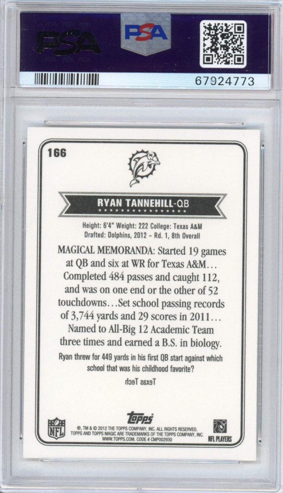 Graded 2012 Topps Magic Ryan Tannehill #166 Rookie RC Card PSA 10 Gem Mint