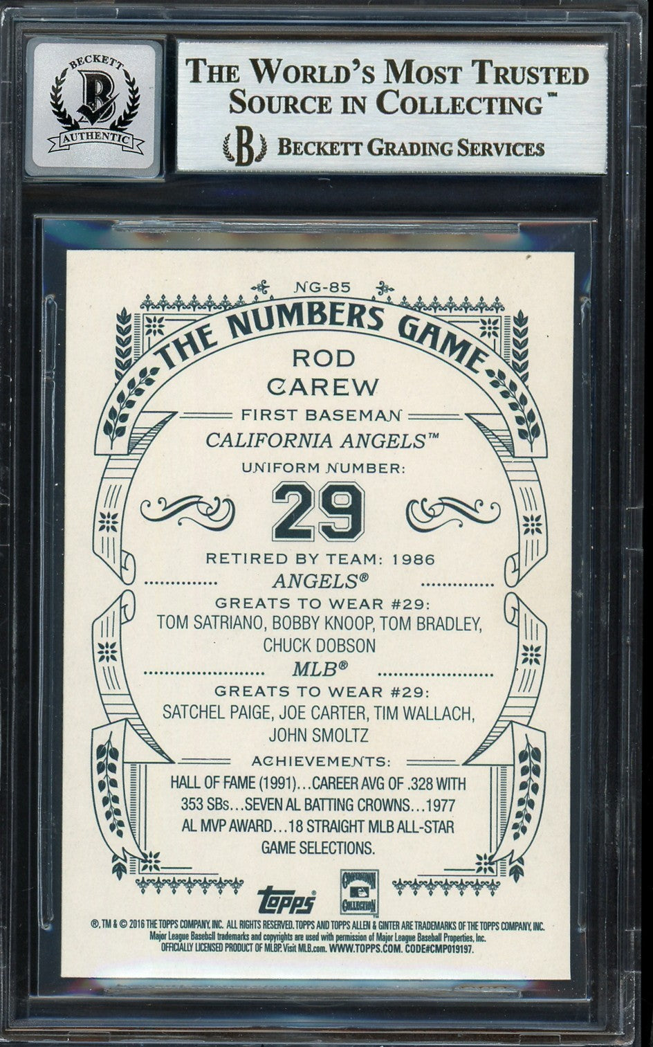 Rod Carew Auto 2016 Topps Allen Ginter Numbers Game Card NG-85 Cal Angels Sig 10