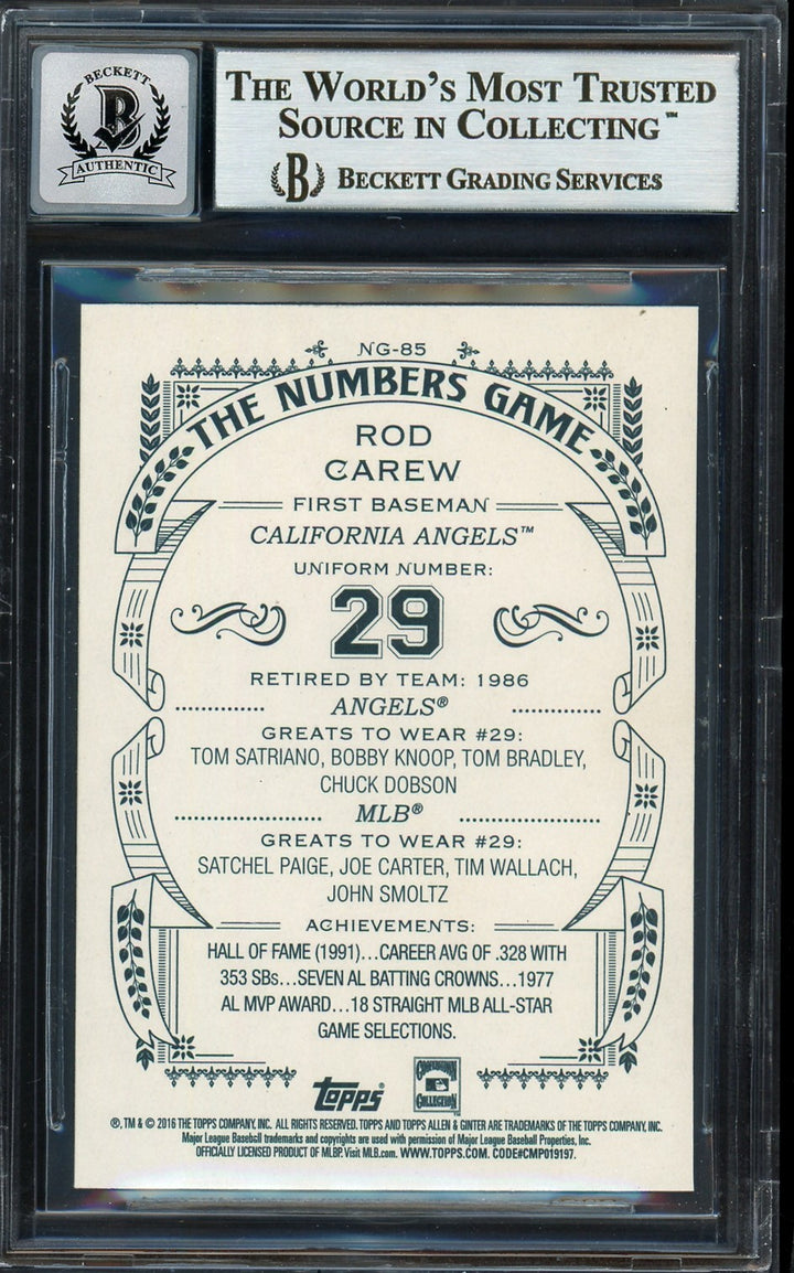 Rod Carew Auto 2016 Topps Allen Ginter Numbers Game Card NG-85 Cal Angels Sig 10