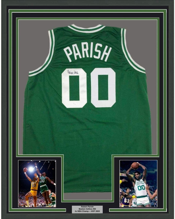 Framed Autographed/Signed Robert Parish 35x39 Boston Green Jersey JSA COA