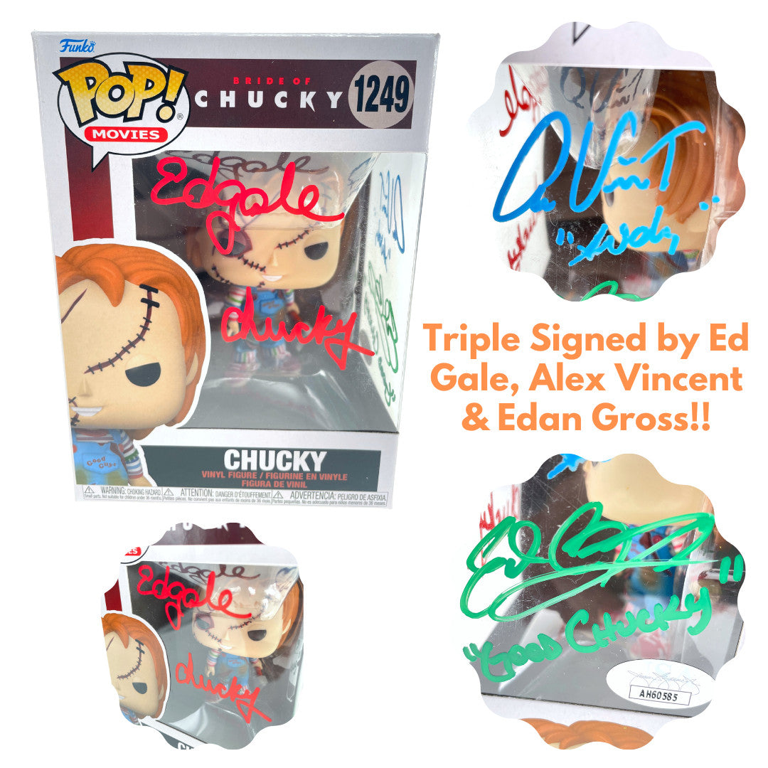 Chucky Funko Pop #1249 Autographed x3 Ed Gale Alex Vincent Edan Gross JSA COA