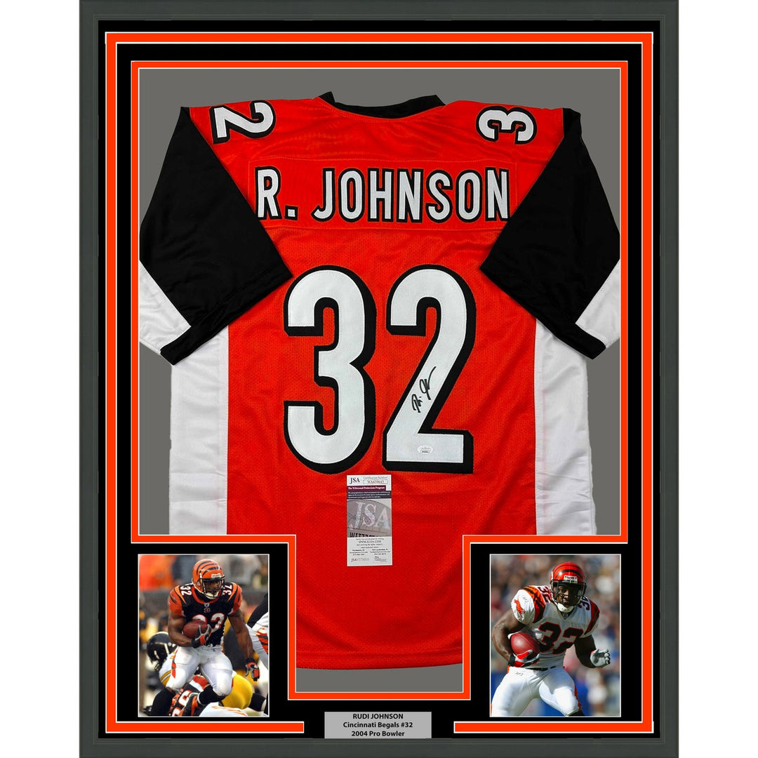 Framed Signed Rudi Johnson 35x39 Cincinnati Orange Jersey JSA COA