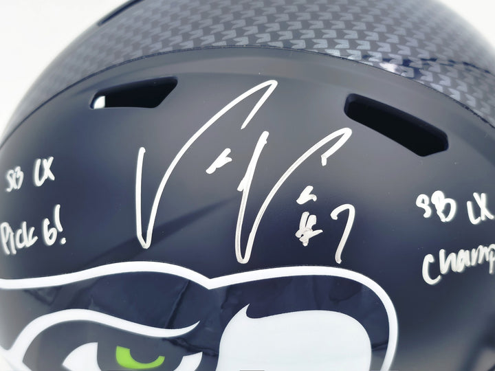 Uchenna Nwosu Signed Seahawks Blue Full Size SB LX Champions Logo Speed Replica