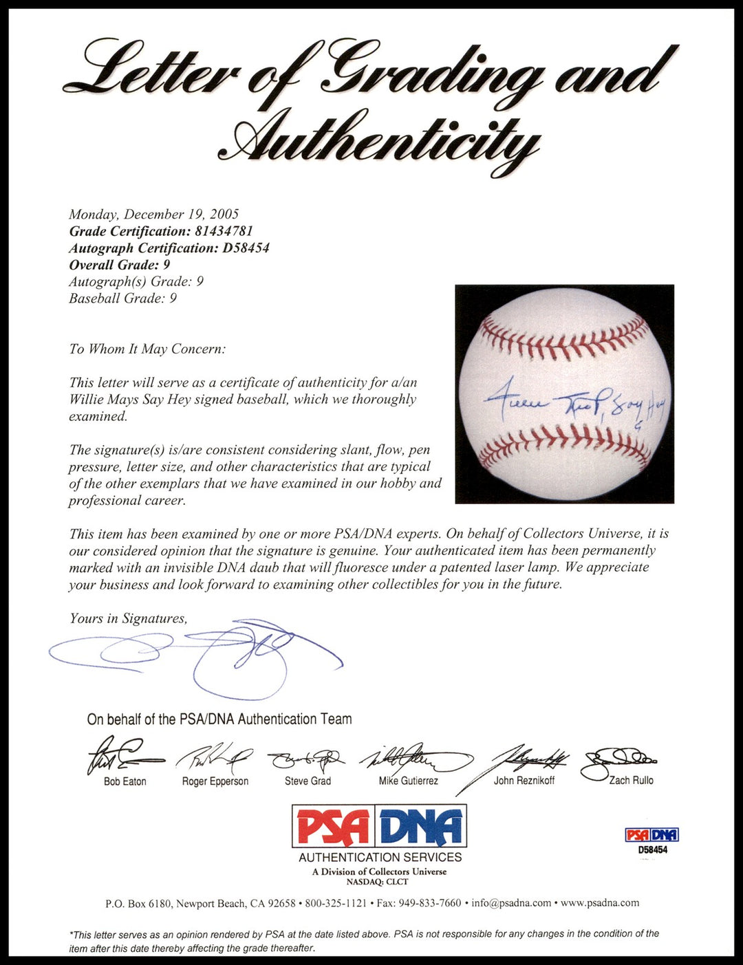 Willie Mays Auto MLB Baseball Giants PSA 9 Auto Mint 9 Say Hey PSA/DNA #81434781