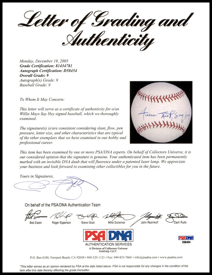Willie Mays Auto MLB Baseball Giants PSA 9 Auto Mint 9 Say Hey PSA/DNA #81434781