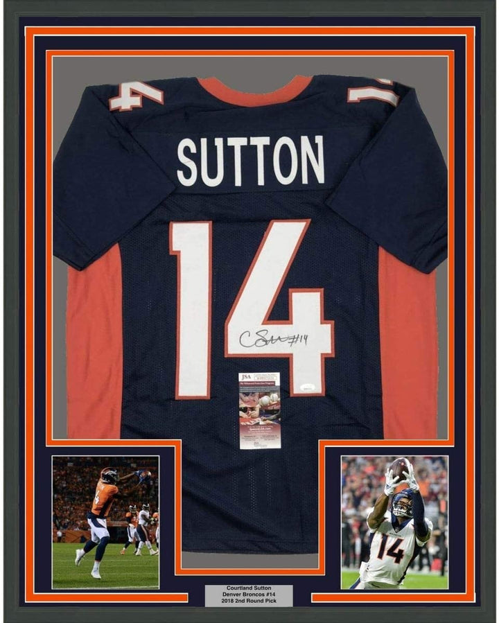 Framed Autographed/Signed Courtland Sutton 35x39 Denver Blue Jersey JSA COA