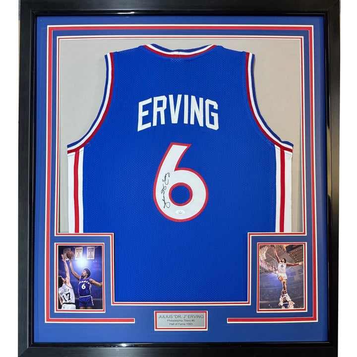 Framed Autographed/Signed Julius Erving Dr. J 35x39 Philly Blue Jersey JSA COA