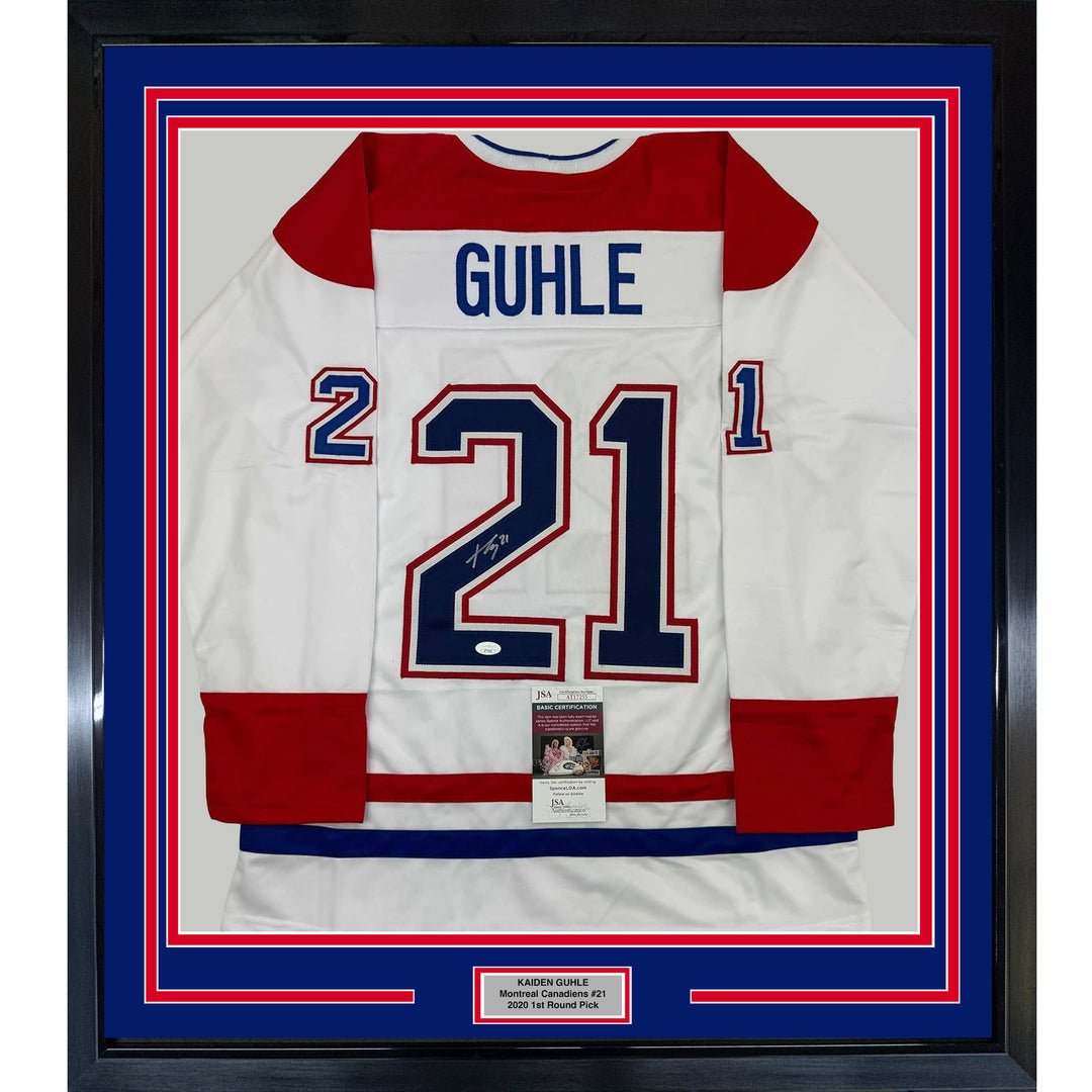 Framed Autographed/Signed Kaiden Guhle 35x39 Montreal White Jersey JSA COA