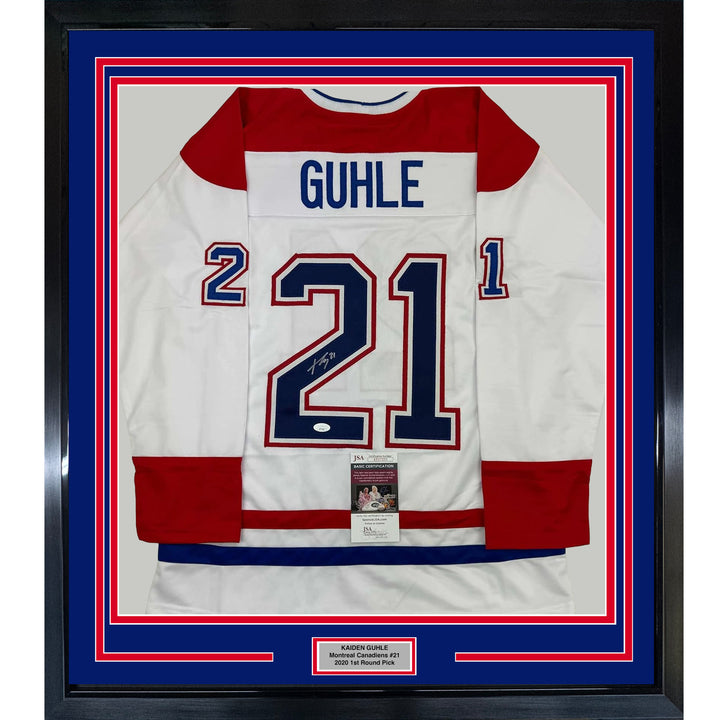 Framed Autographed/Signed Kaiden Guhle 35x39 Montreal White Jersey JSA COA