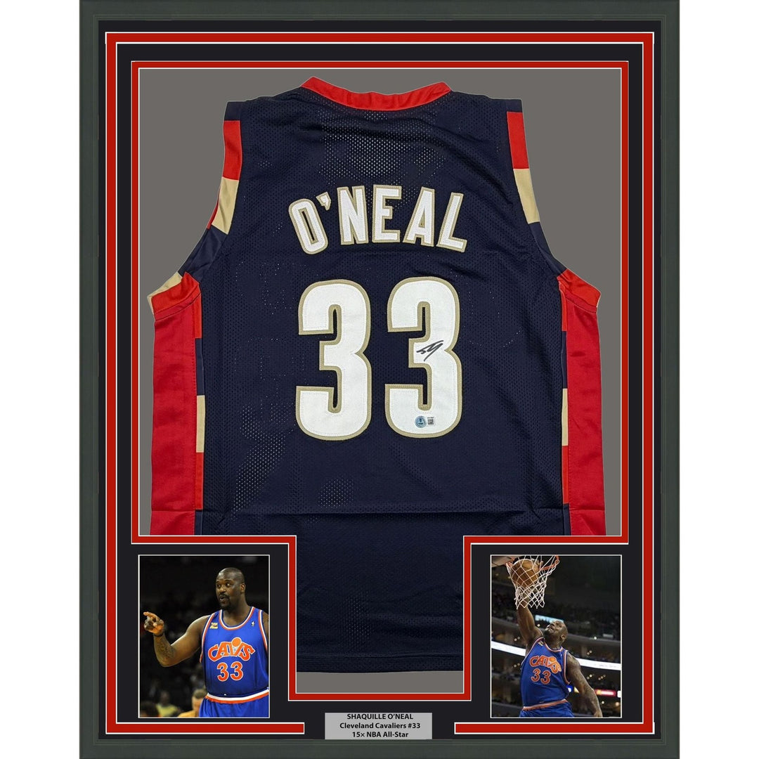Framed Signed Shaquille Shaq O'Neal 35x39 Cleveland Blue Jersey Beckett COA
