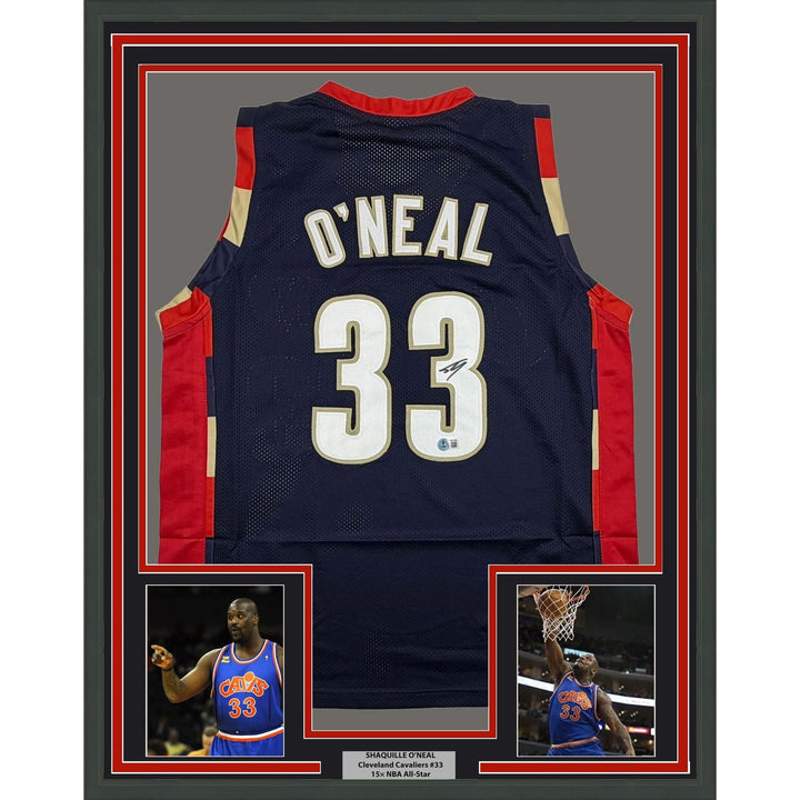 Framed Signed Shaquille Shaq O'Neal 35x39 Cleveland Blue Jersey Beckett COA