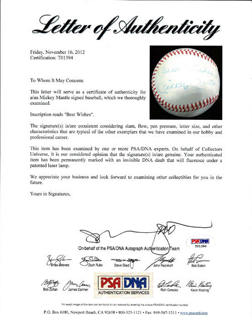 Mickey Mantle Signed AL Cronin Baseball Yankees "Best Wishes" PSA/DNA