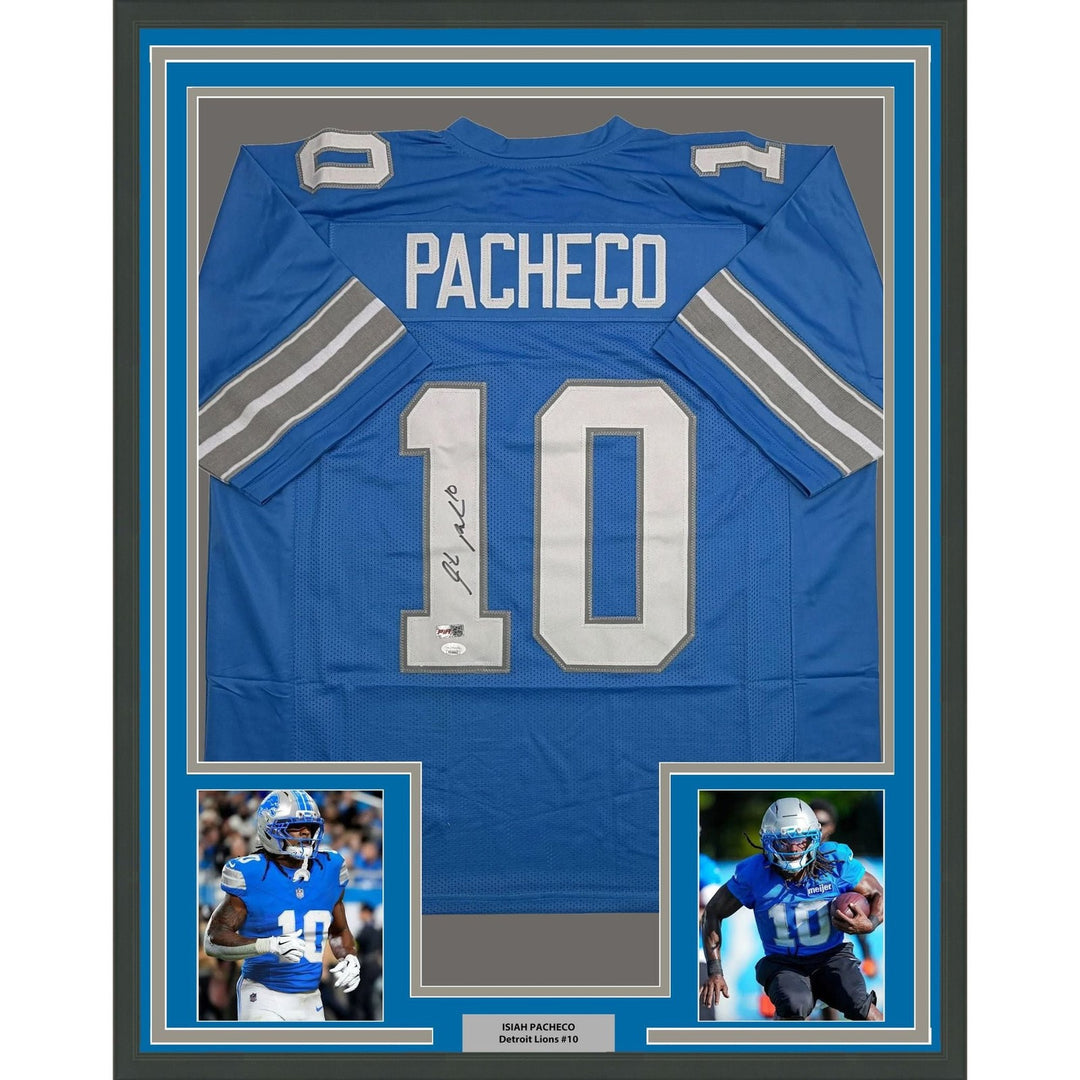 Framed Autographed/Signed Isiah Pacheco 35x39 Detroit Blue Jersey JSA COA