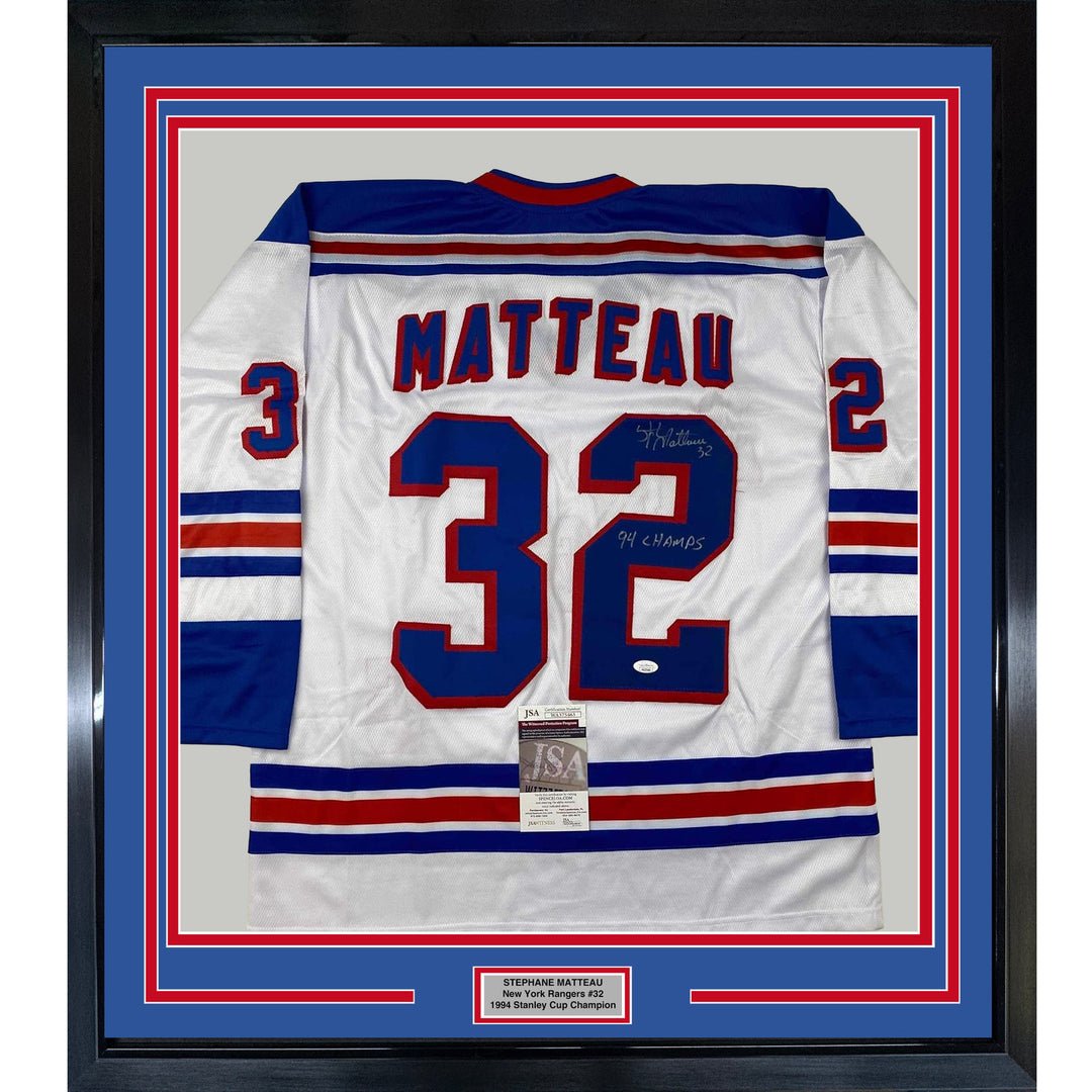 Framed Autographed/Signed Stephane Matteau 94 Champs 33xx42 White Jersey JSA COA