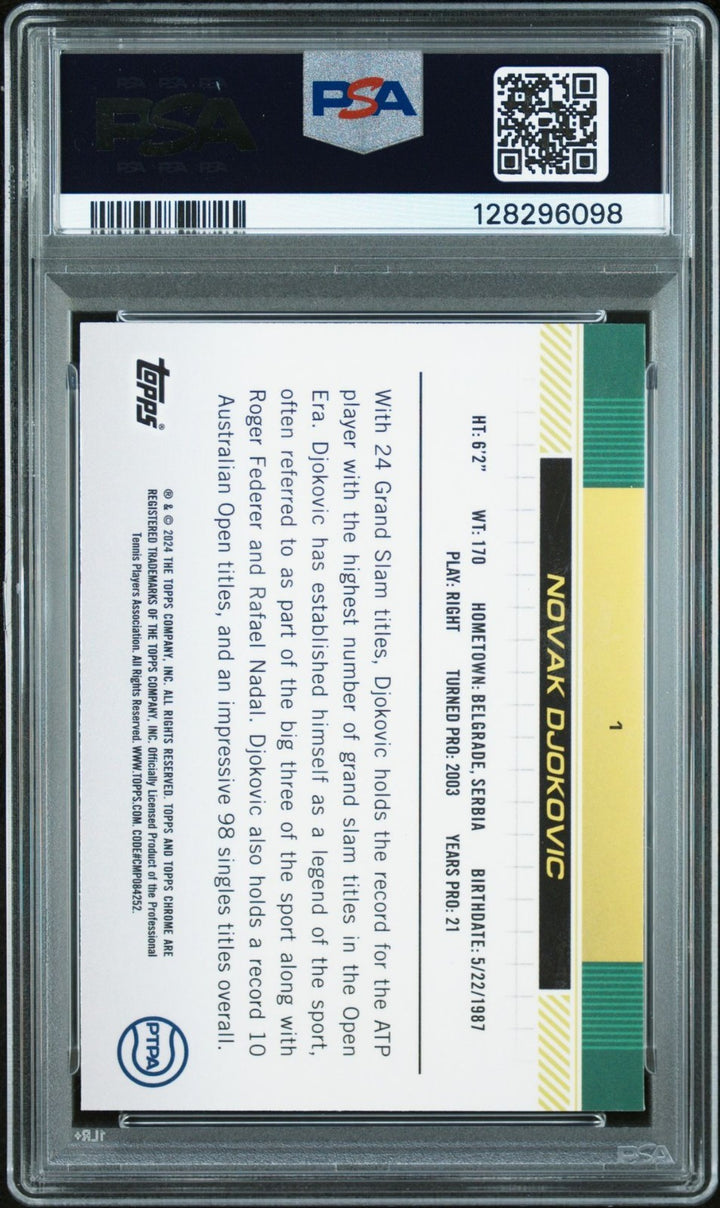 NOVAK DJOKOVIC SIGNED 2024 TOPPS CHROME PURPLE REFRACTOR /499 PSA AUTO 10