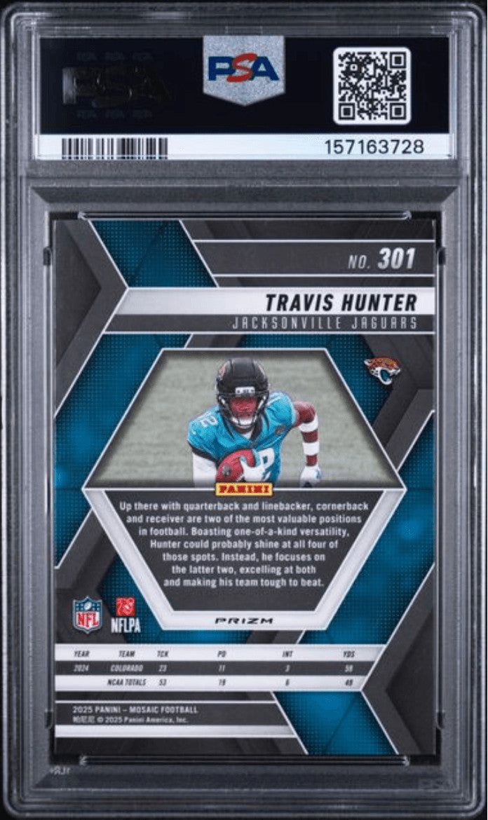 Graded 2025 Mosaic Travis Hunter #301 Purple Scope RC Football Card PSA 10