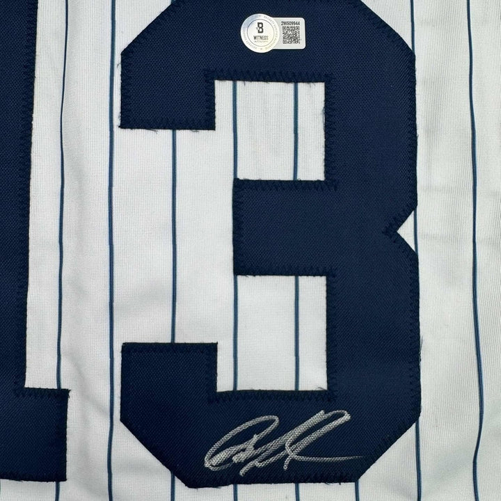 Framed Autographed/Signed Jazz Chisholm Jr. 35x39 NY Pinstripe Jersey COA