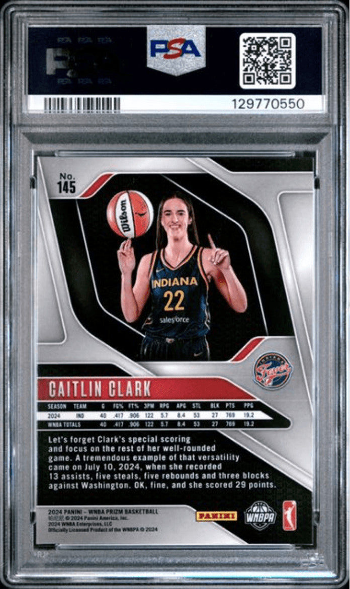 Graded 2024 Panini Prizm Caitlin Clark #145 Ice Rookie RC Basketball Card PSA 9