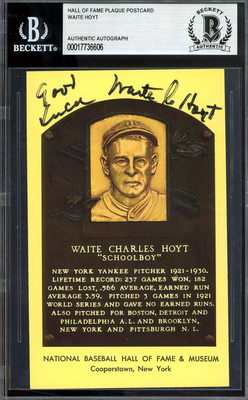 Waite Hoyt Beckett BAS Signed Gold Hall of Fame Plaque Postcard Autograph