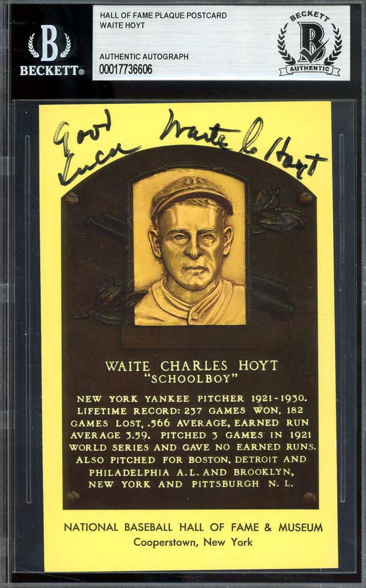 Waite Hoyt Beckett BAS Signed Gold Hall of Fame Plaque Postcard Autograph