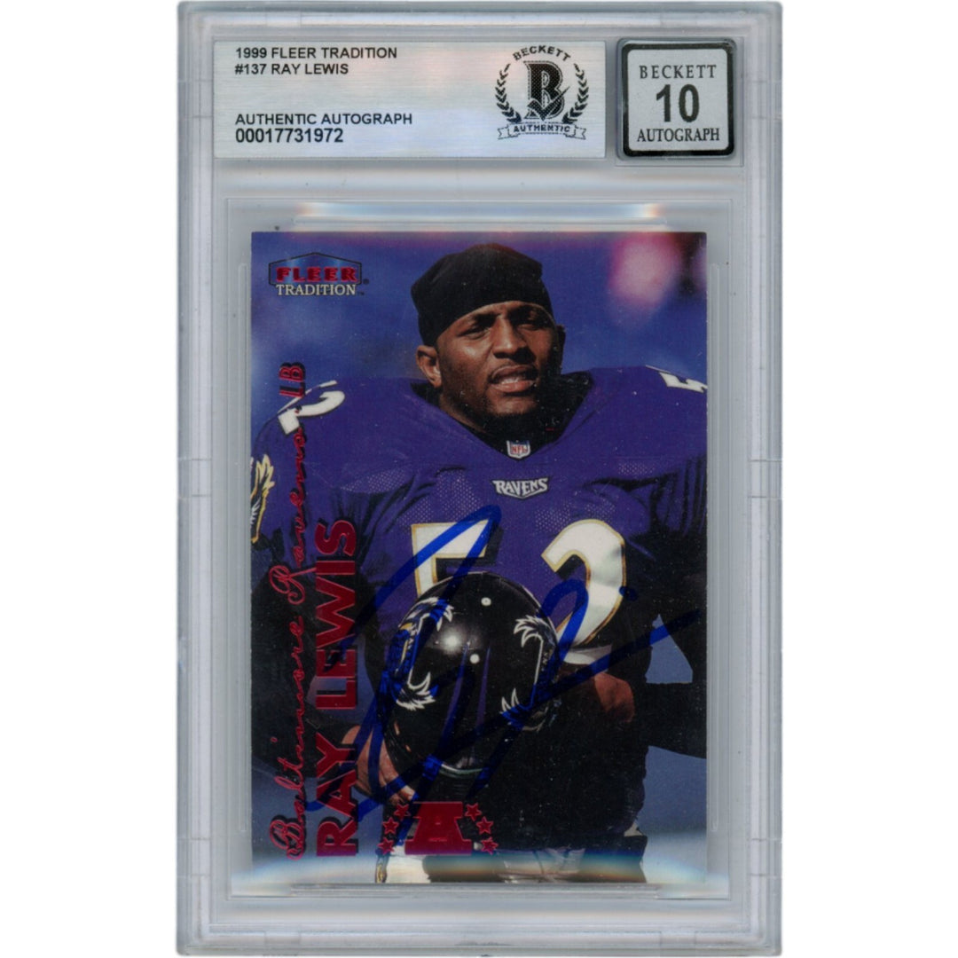 Ray Lewis Autographed 1999 Fleer Tradition #137 Slabbed Card Beckett 50015