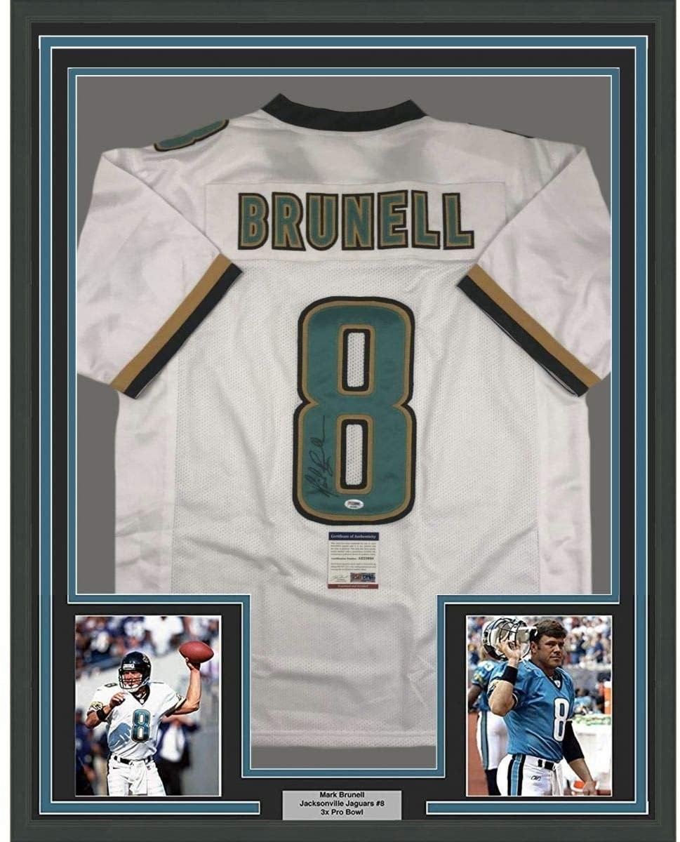 Framed Signed Mark Brunell 35x39 Jacksonville White Jersey PSA/DNA COA