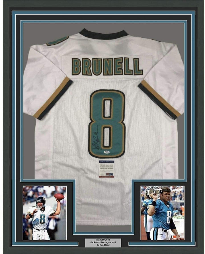 Framed Signed Mark Brunell 35x39 Jacksonville White Jersey PSA/DNA COA