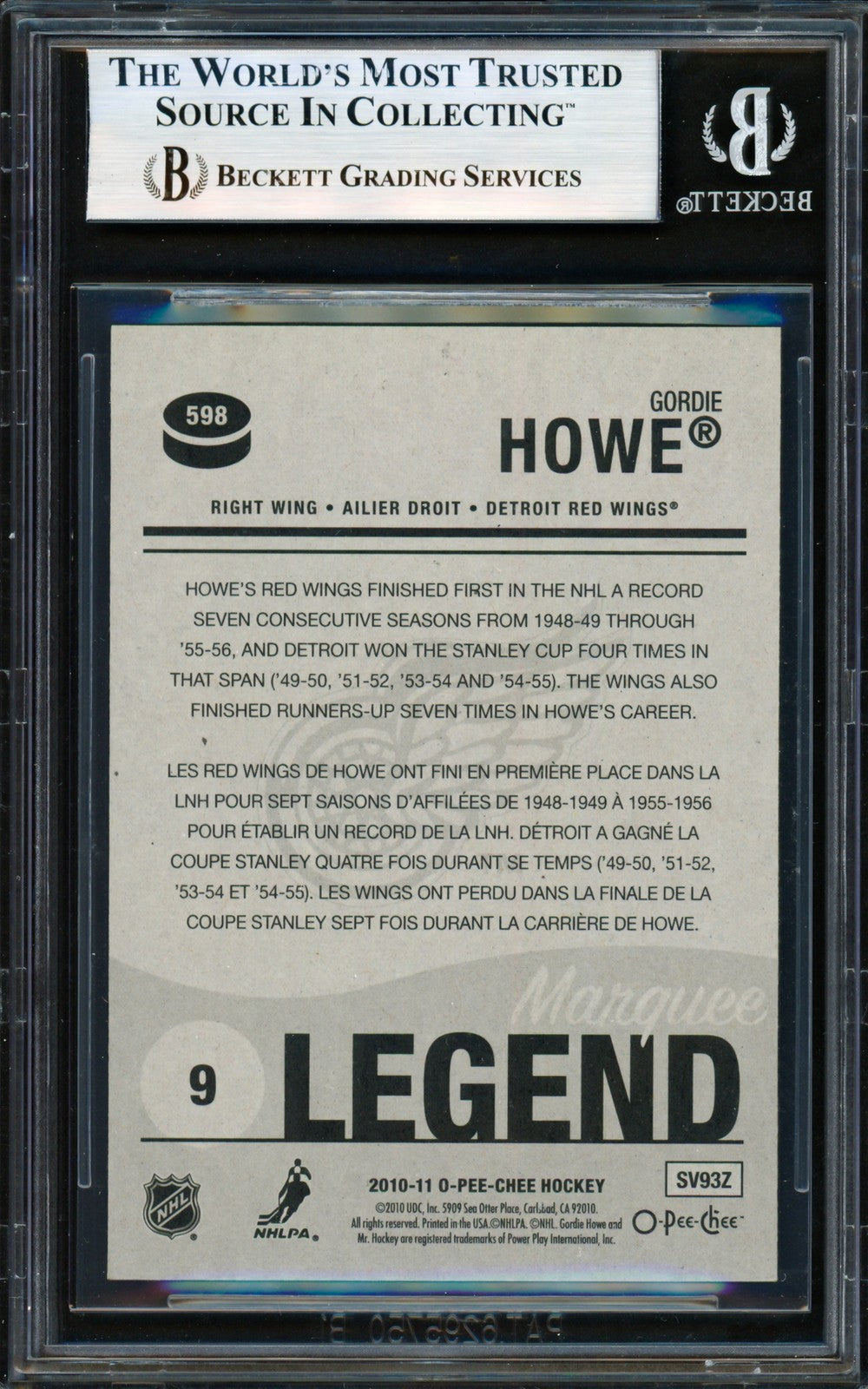 Gordie Howe Auto 2010-11 O Pee Chee Marquee Card #598 Red Wings "HOF 72" Beckett
