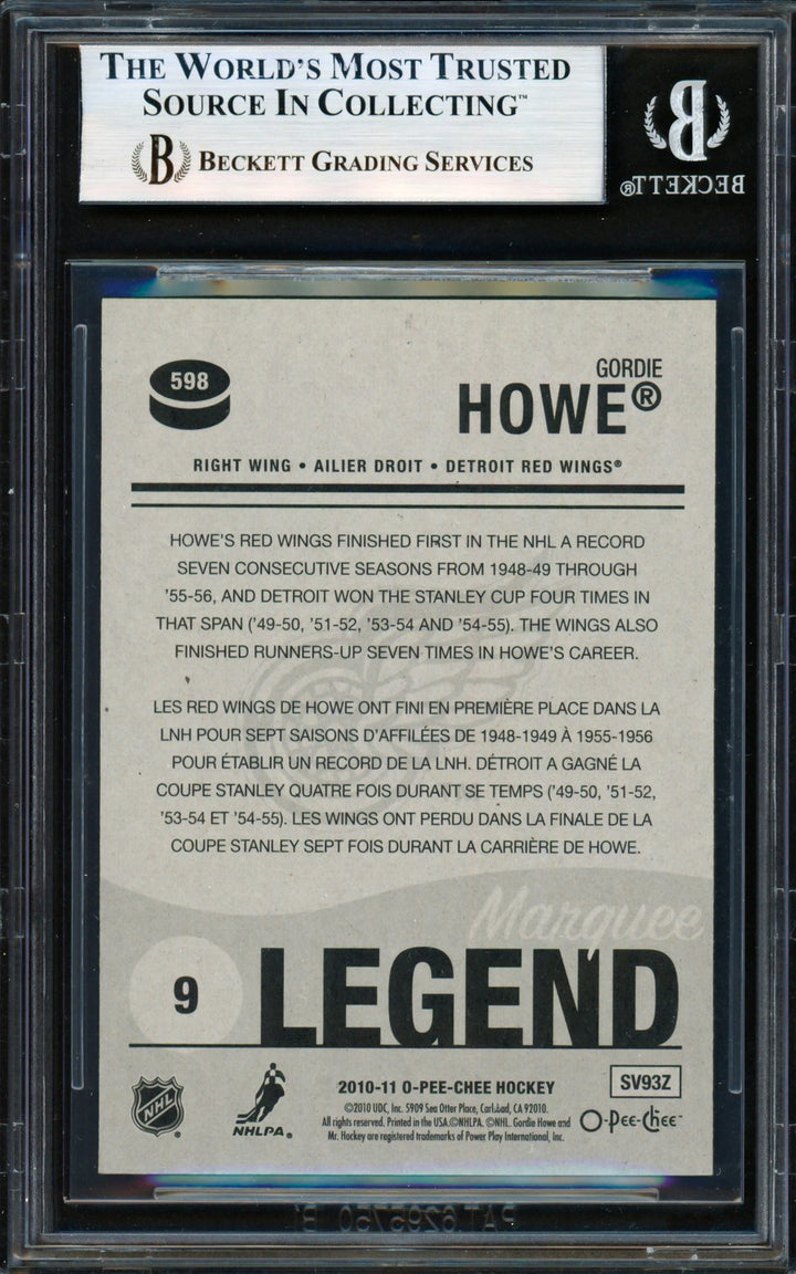 Gordie Howe Auto 2010-11 O Pee Chee Marquee Card #598 Red Wings "HOF 72" Beckett