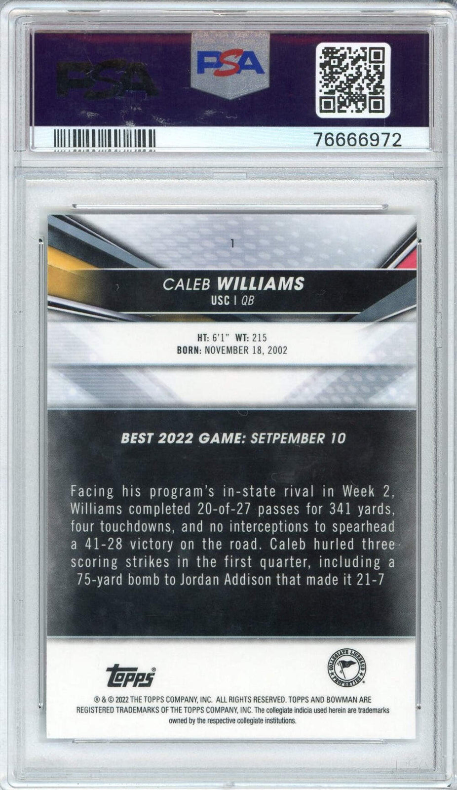 Graded 2022 Bowmans Best University Caleb Williams #1 RC Football Card PSA 10