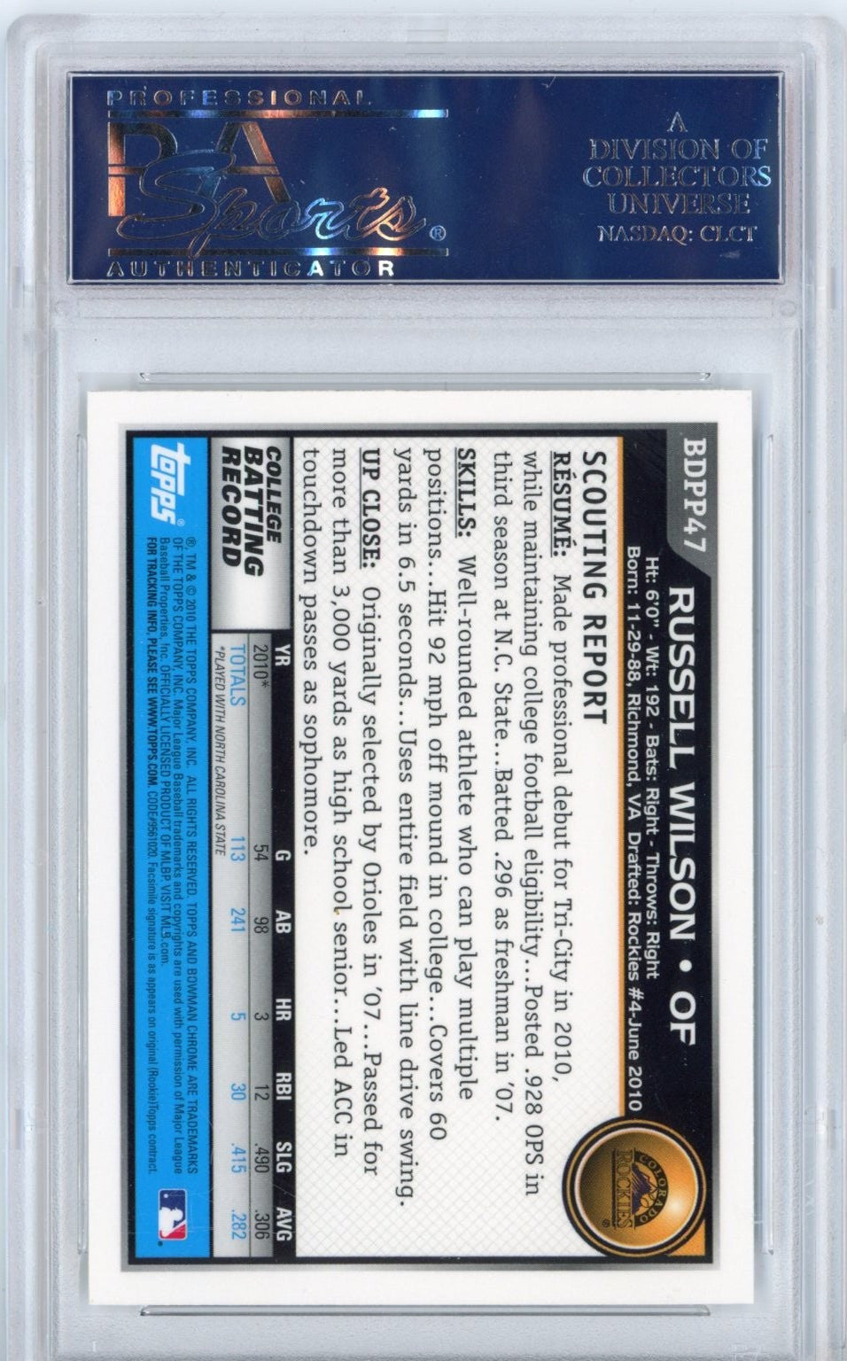 Graded 2010 Bowman Draft Russell Wilson #BDPP47 Chrome Rookie Card PSA 10
