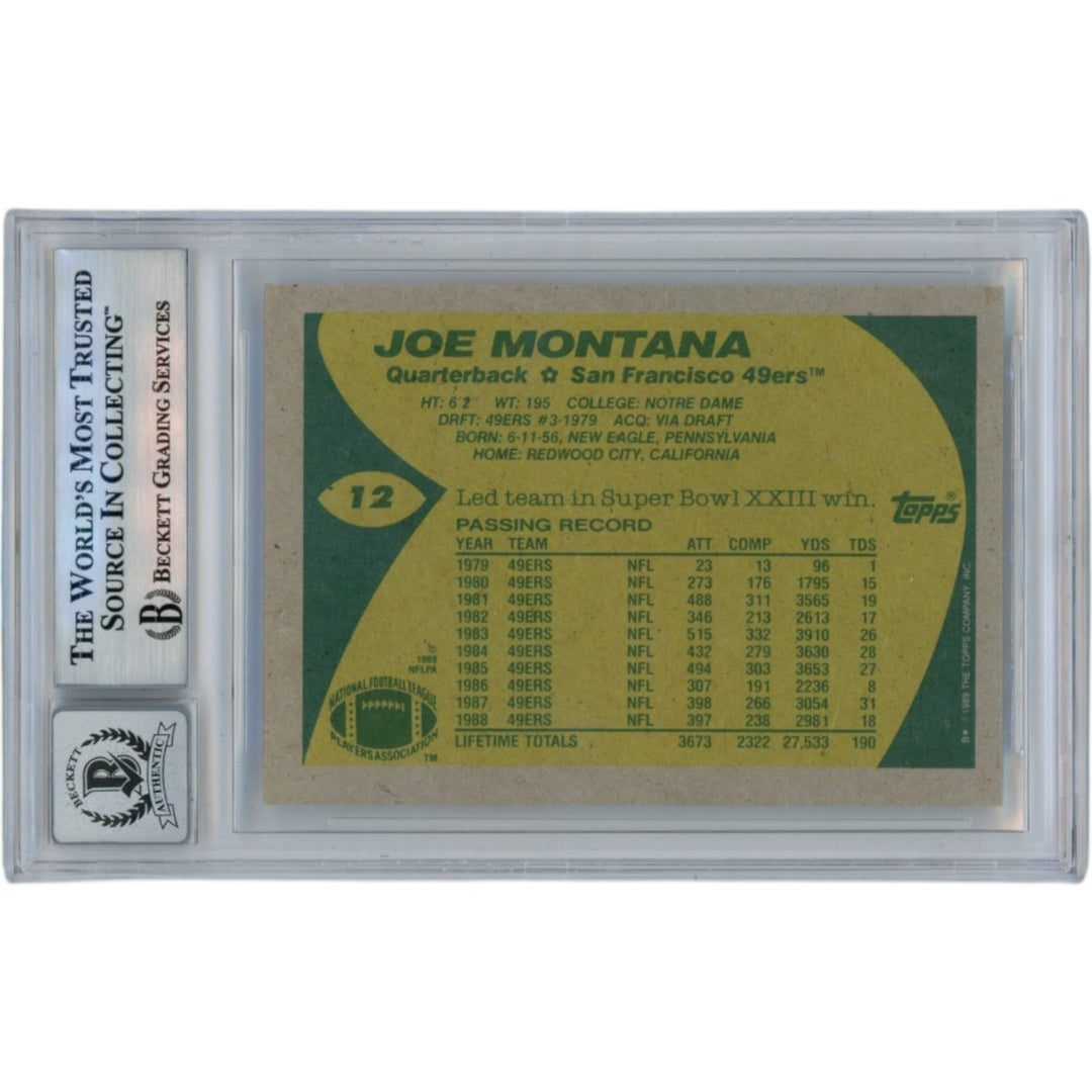 Joe Montana Autographed/Signed 1989 Topps #12 Slab Trading Card Beckett 49914