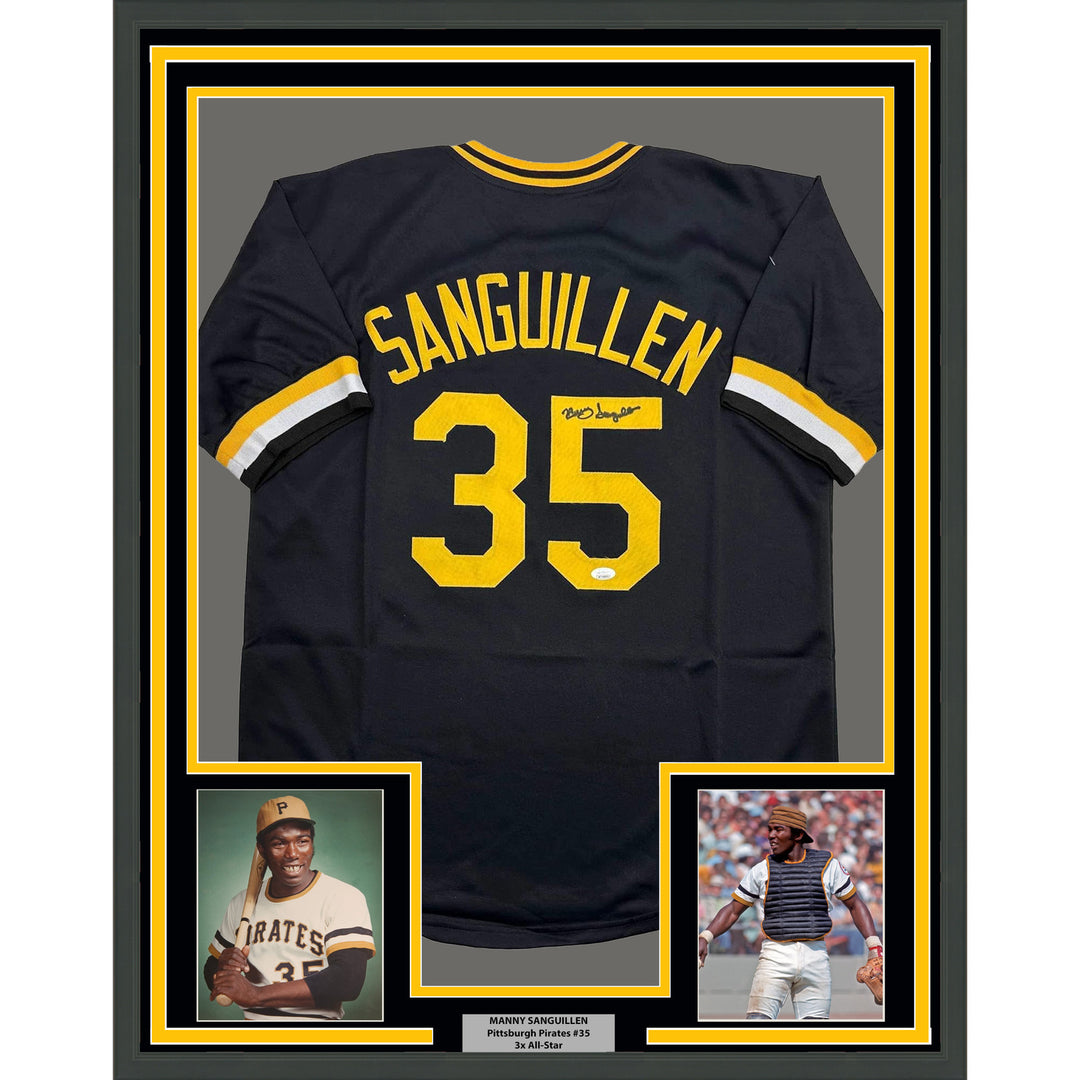 Framed Autographed/Signed Manny Sanguillen 35x39 Pittsburgh Black Jersey JSA COA