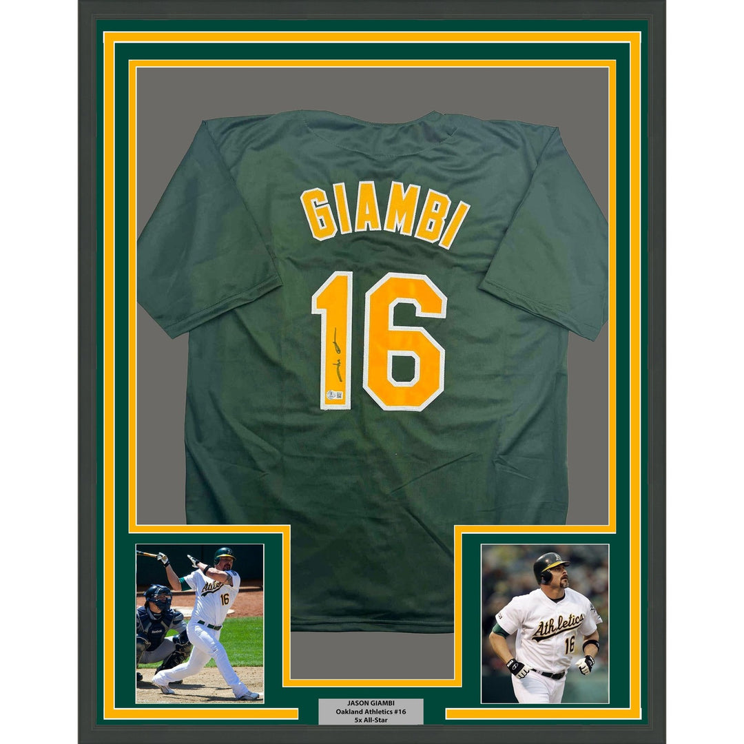 Framed Autographed/Signed Jason Giambi 35x39 Oakland Green Jersey BAS COA