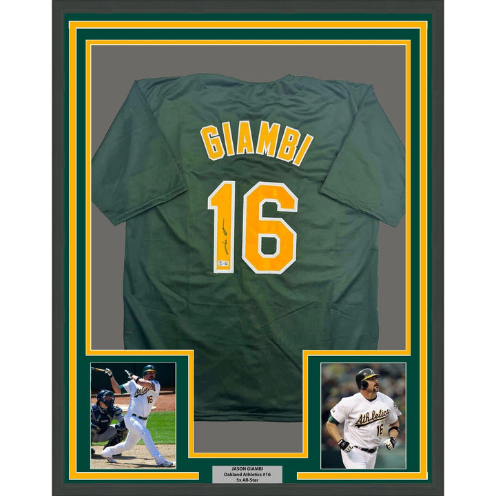 Framed Autographed/Signed Jason Giambi 35x39 Oakland Green Jersey BAS COA