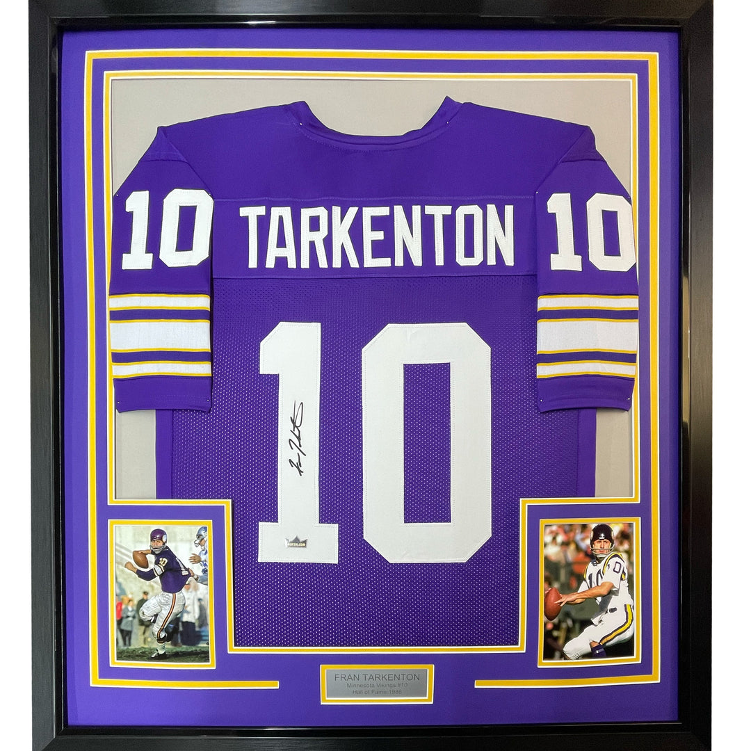 Framed Facsimile Autographed Fran Tarkenton 33x42 Purple Reprint Laser Jersey