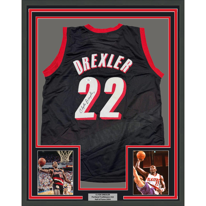 Framed Autographed/Signed Clyde Drexler 35x39 Portland Black Jersey PSA COA