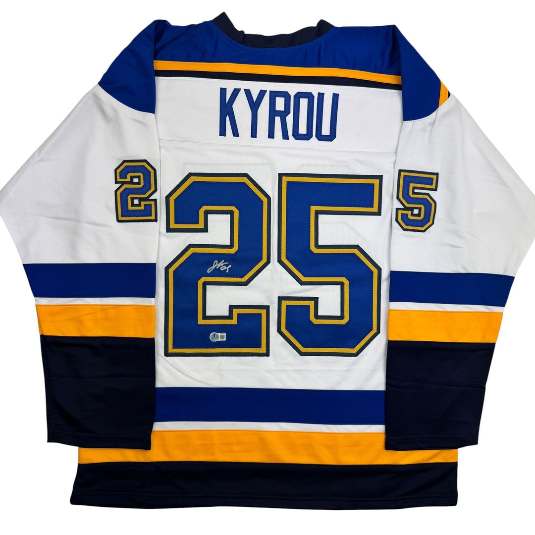 Autographed/Signed Jordan Kyrou St. Louis White Hockey Jersey Beckett BAS COA