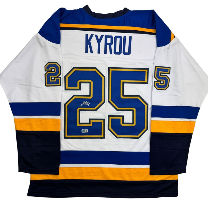 Autographed/Signed Jordan Kyrou St. Louis White Hockey Jersey Beckett BAS COA