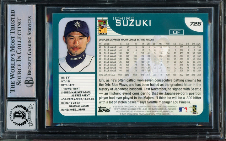 Ichiro Suzuki Signed 2001 Topps RC 726 Seattle Mariners Auto GM 10 Beckett