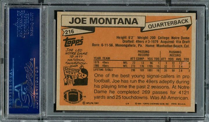 Joe Montana Signed 1981 Topps RC 216 49ers 79 NFL Draft Rd. 3 & Pick 82 PSA/DNA