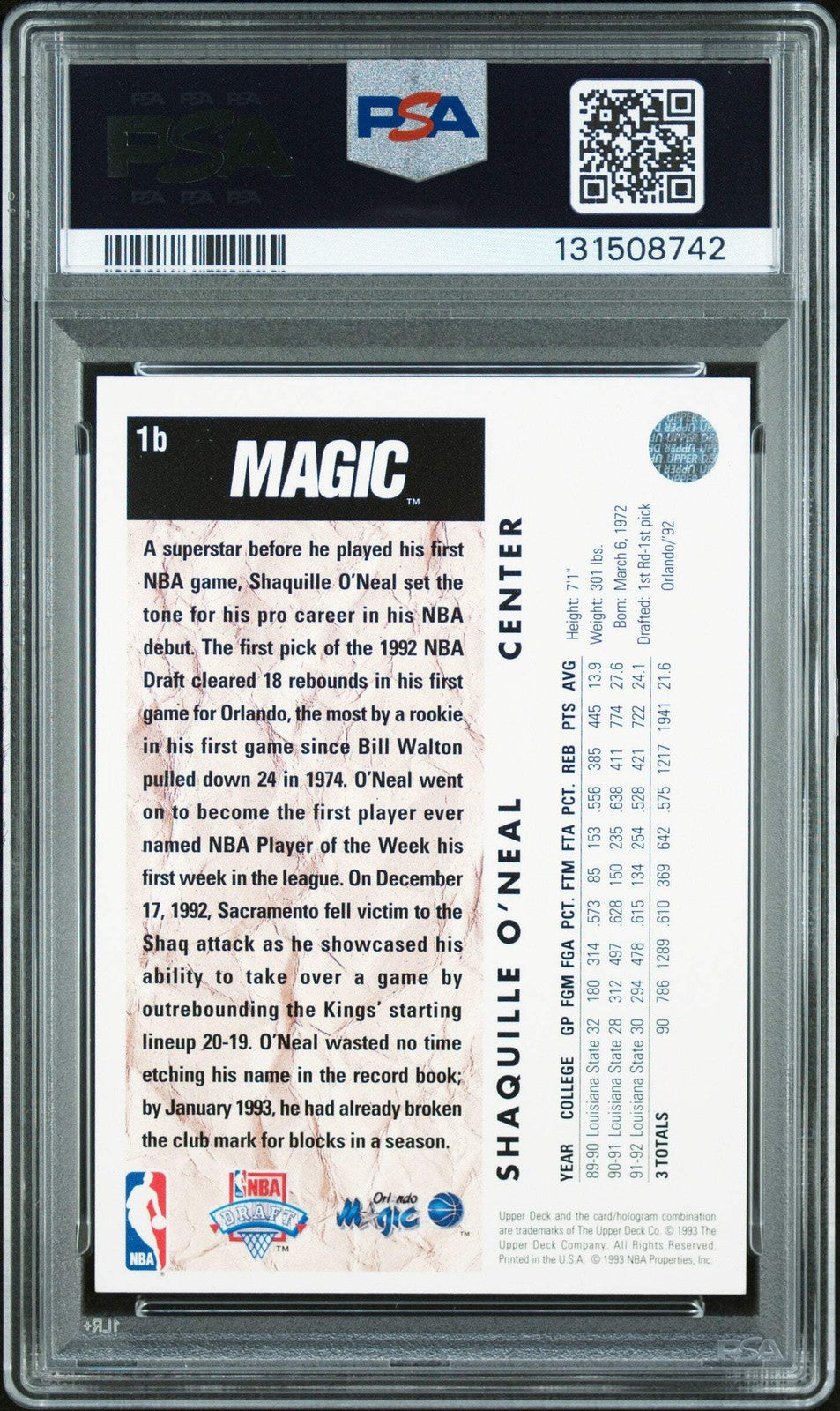 Graded 1992-93 Upper Deck Shaquille O'Neal #1b Rookie RC Card PSA 9 Auto Grade
