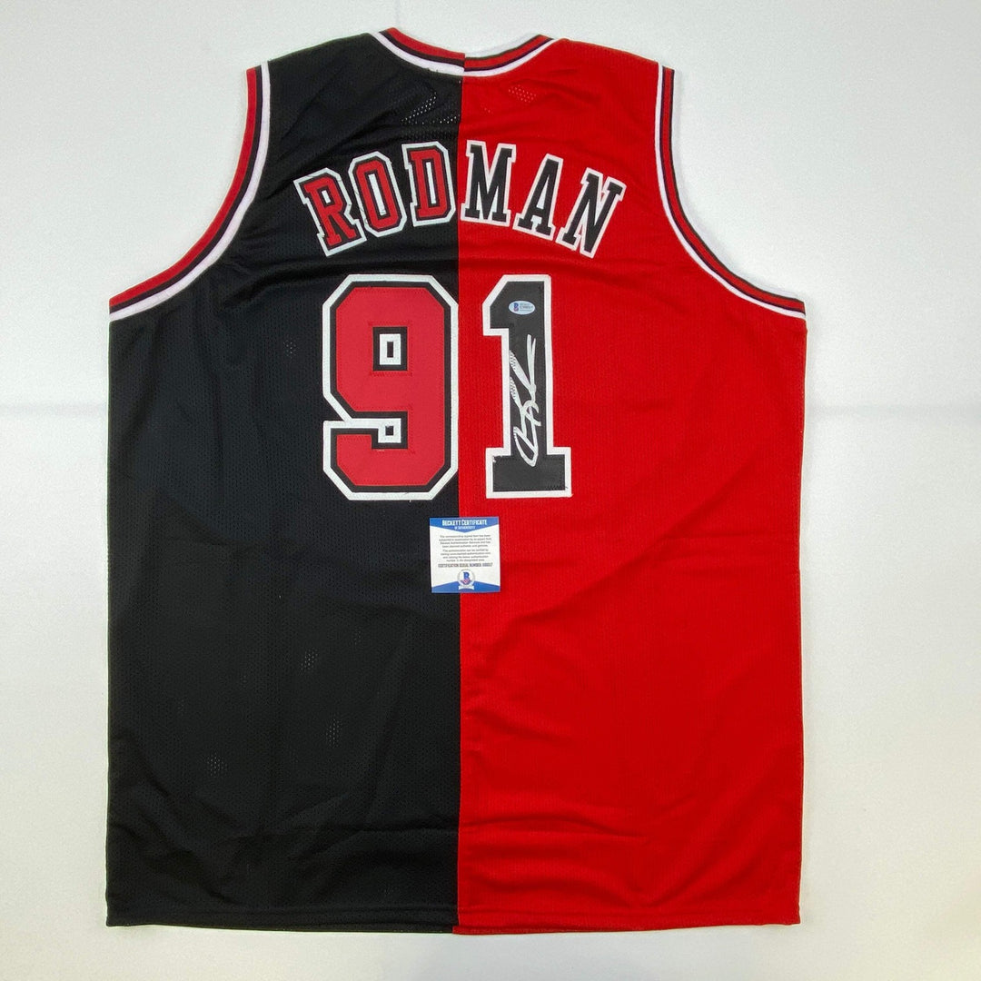 Autographed/Signed Dennis Rodman Chicago Split Red/Black Jersey Beckett BAS COA