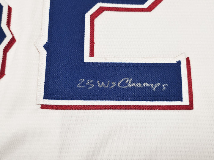 Rangers Evan Carter Signed White Nike Jersey Size XL "23 WS Champs" Beckett Wit